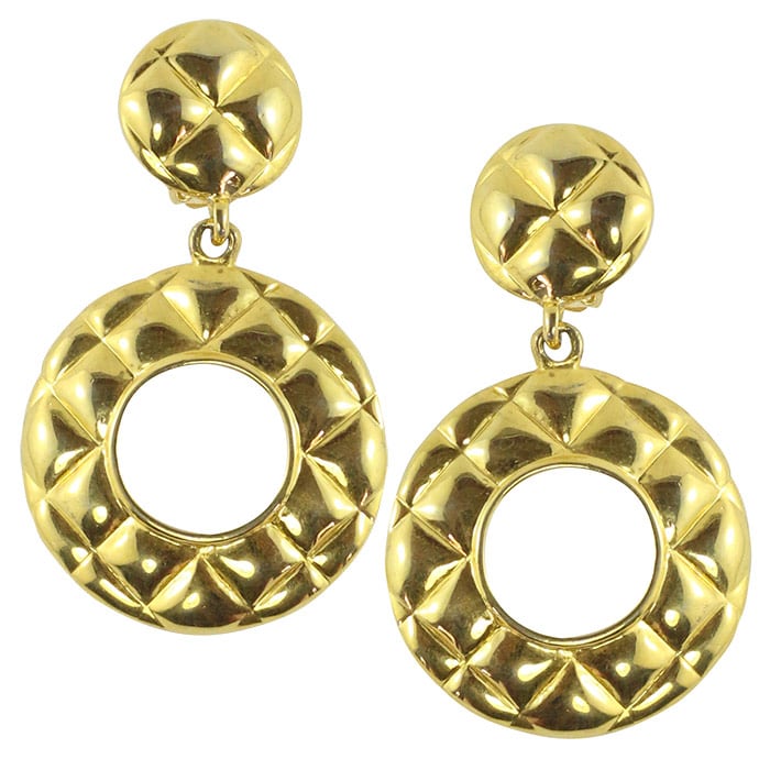 Vintage Unsigned Gold Tone Quilted Door Knocker Hoop Earrings (Clip-on)