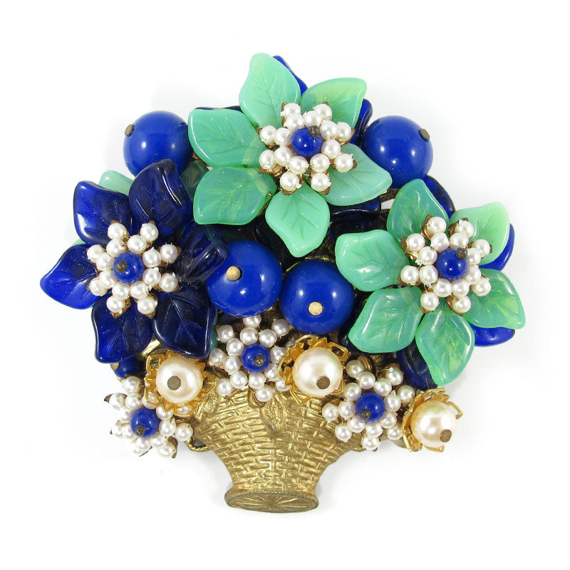 Signed vintage Stanley Hagler blue & green flower bouquet brooch c. 1960
