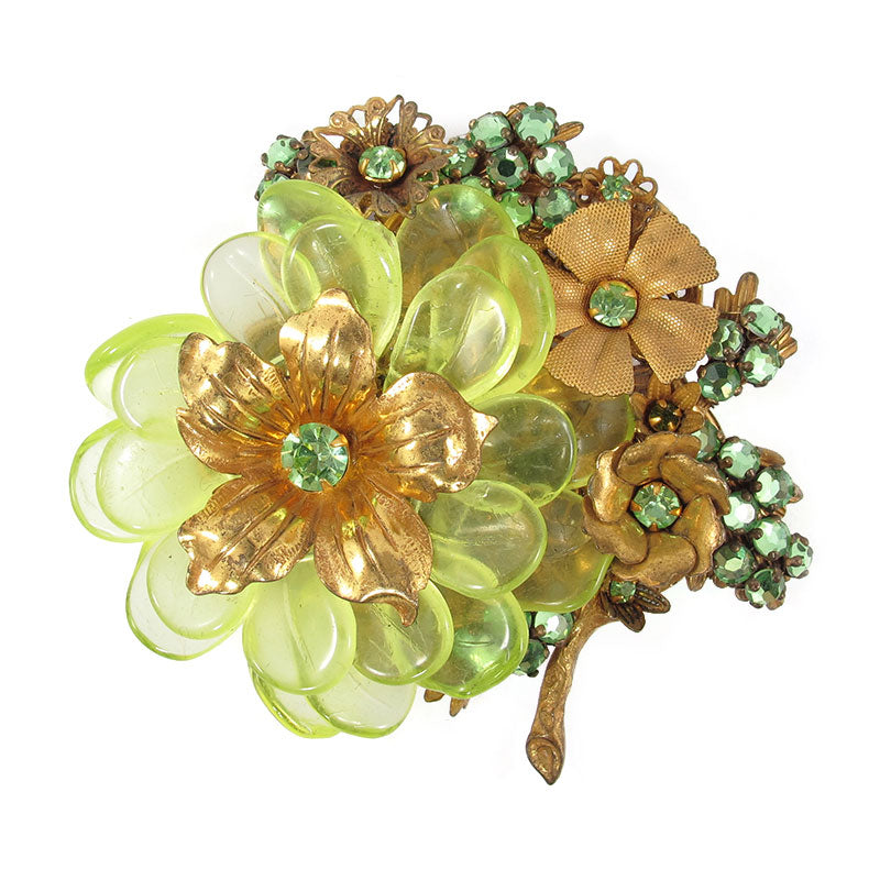 Signed Miriam Haskell green flower bouquet brooch c. 1950