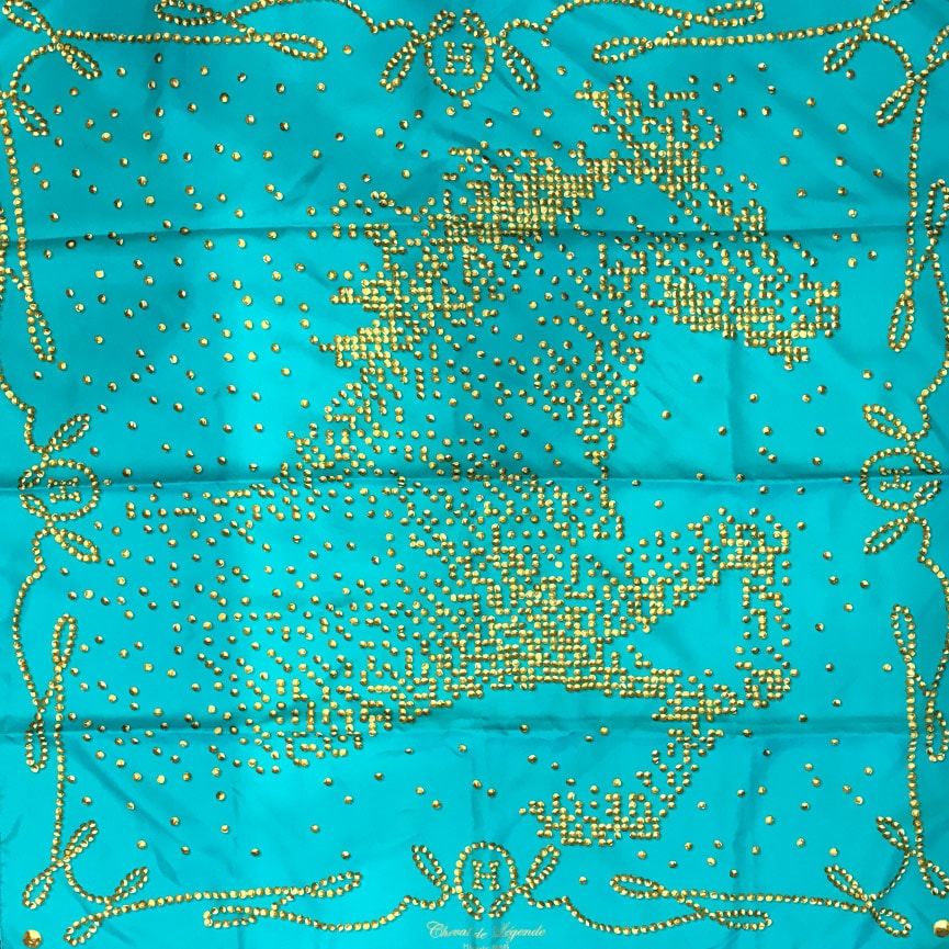 Hermes Silk Scarf 90 Cm - Cheval De Legende by Benoit Pierre Emery - Aqua & Gold c. 2010-11