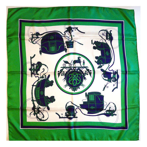 Vintage Hermes Silk Scarf Ex Libris Blue and Green