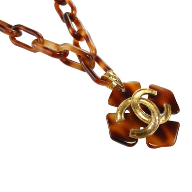 Vintage Chanel Faux Tortoiseshell Large Floral 'CC' Charm Pendant Necklace c.1980s