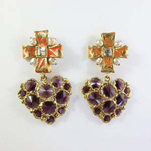 Vintage Christian Lacroix Purple Heart Cross Earrings (Clip-on)
