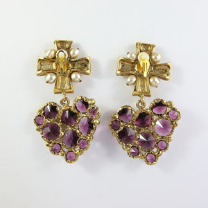 Vintage Christian Lacroix Purple Heart Cross Earrings (Clip-on)