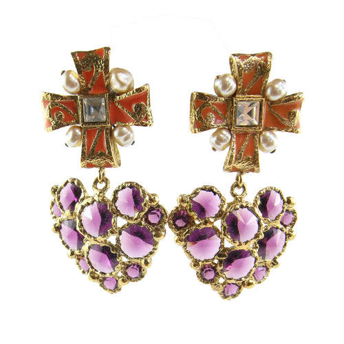 Vintage Christian Lacroix Purple Heart Cross Earrings (Clip-on)