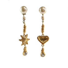 Load image into Gallery viewer, Vintage Christian Lacroix Gold Tone, Clear Crystal &amp; Faux Pearl Heart &amp; Star Drop Earrings (Clip-On)