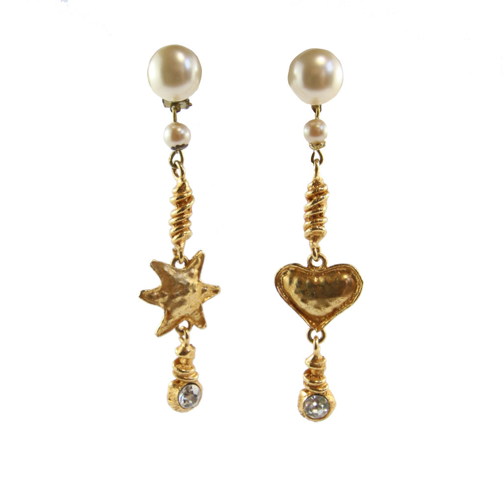 Vintage Christian Lacroix Gold Tone, Clear Crystal & Faux Pearl Heart & Star Drop Earrings (Clip-On)