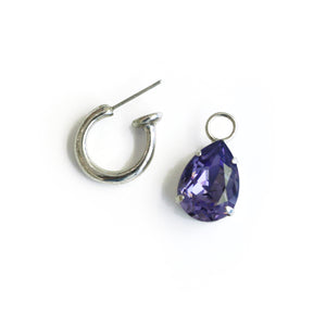 Harlequin Market Single Small Silver Tone Hoop Earrings with Amethyst Crystal Attachment