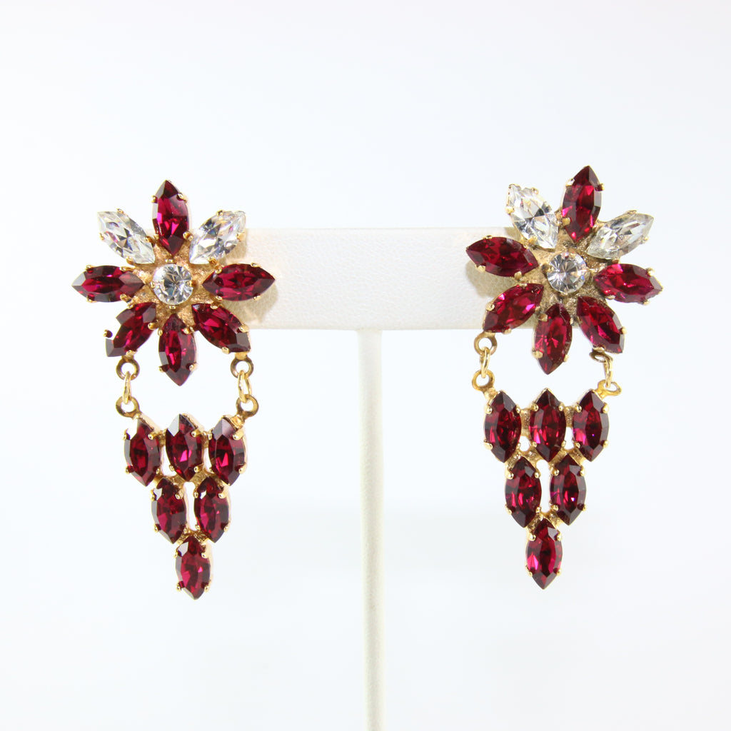 HQM Austrian Ruby & Clear Crystal Deco Daisy Drop Earrings (Pierced)