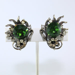 HQM Austrian Vintage Green & Clear Crystal Claw Earrings (Clip-On)