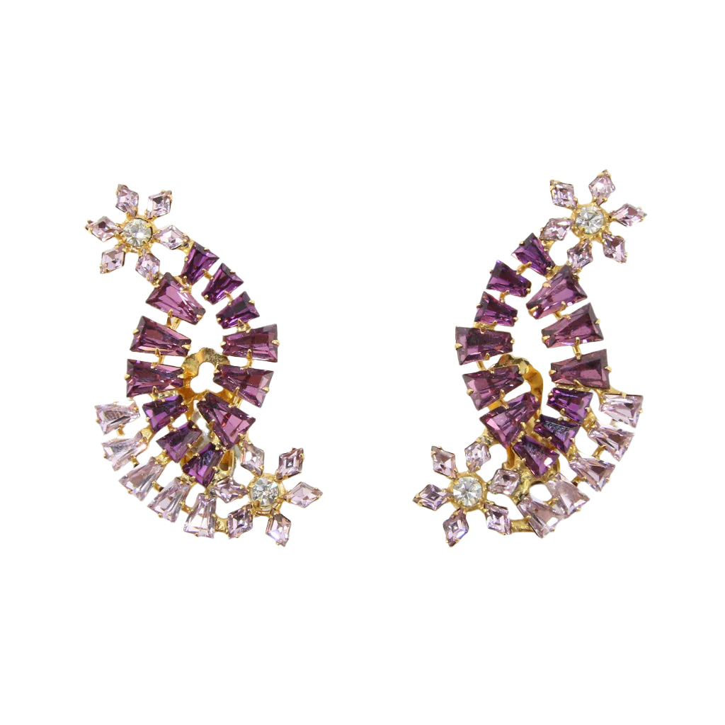 HQM Austrian Amethyst & Light Amethyst Cross Over Climber Daisy Earrings (Clip-On)