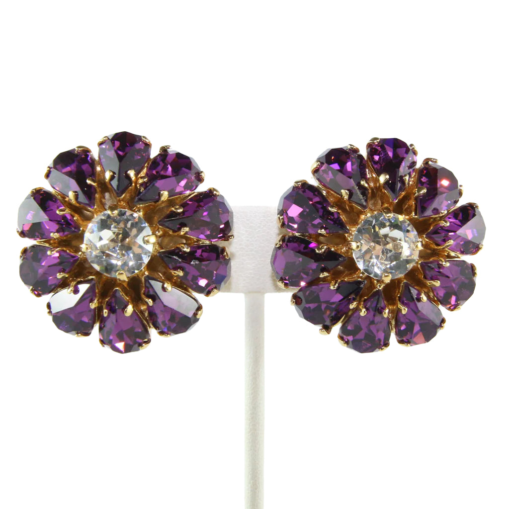 HQM Austrian Amethyst & Clear Large Daisy Earrings (Clip-On)