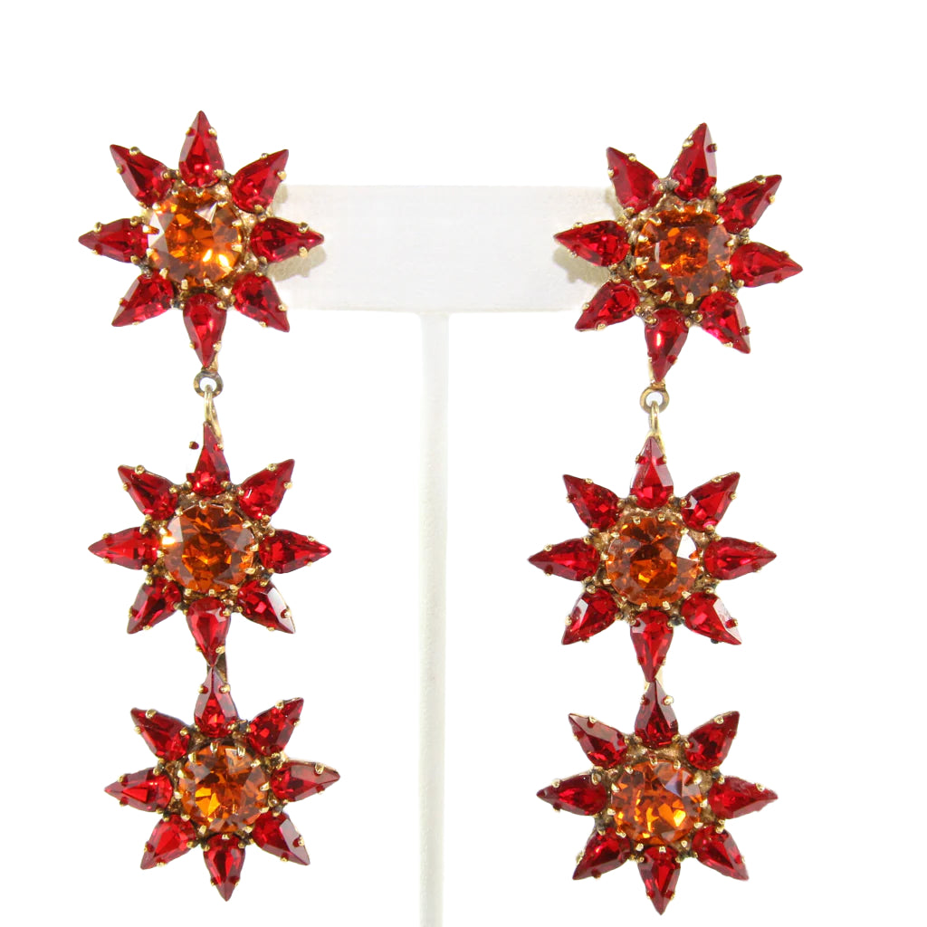 HQM Austrian Siam & Hyacinth Crystal Three Star Drop Earrings (Pierced)