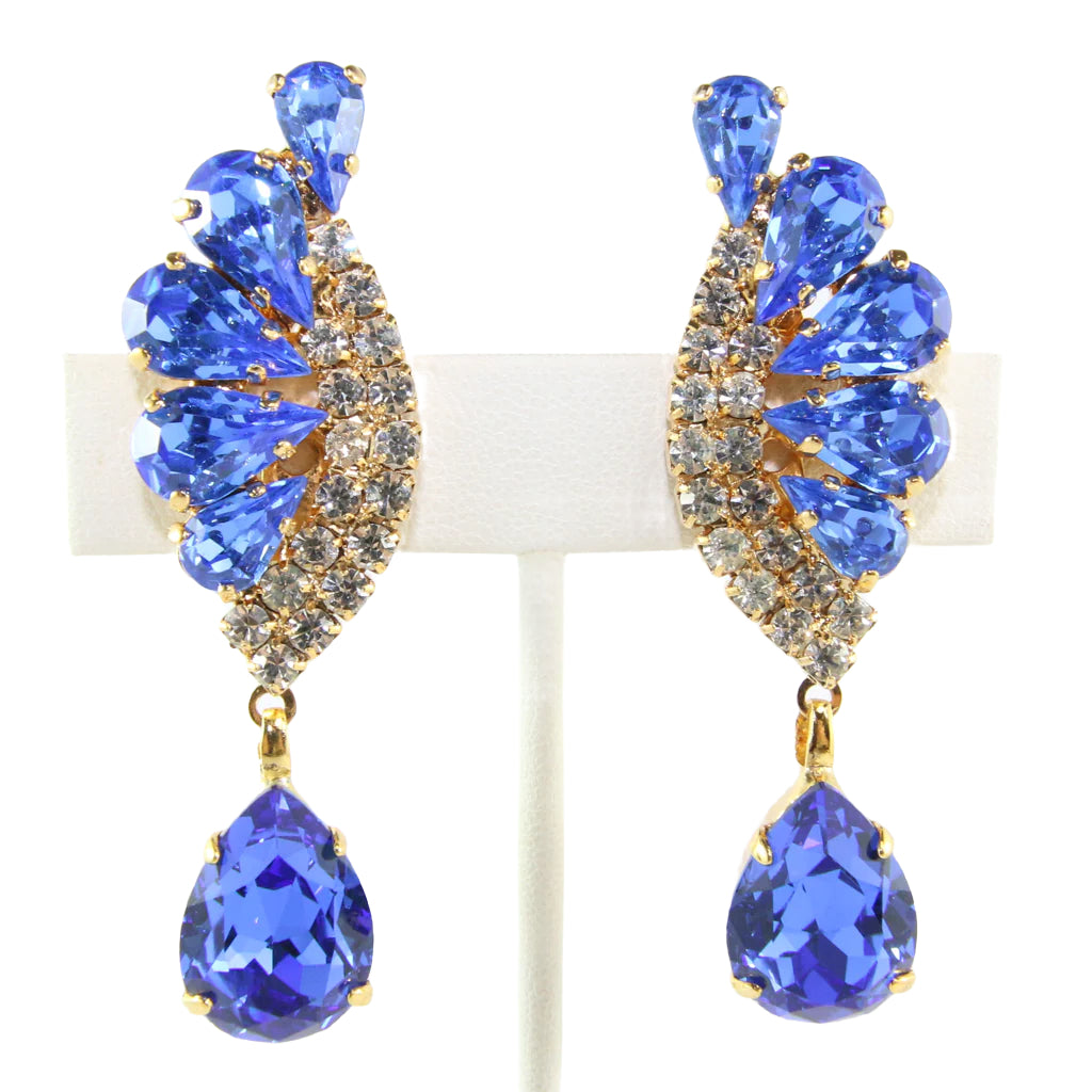 HQM Austrian Sapphire & Clear Crystal Drop Earrings (Clip-On)