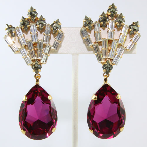 HQM Austrian Fuchsia, Clear & Black Diamond Deco Large Drop Earrings (Clip-On)