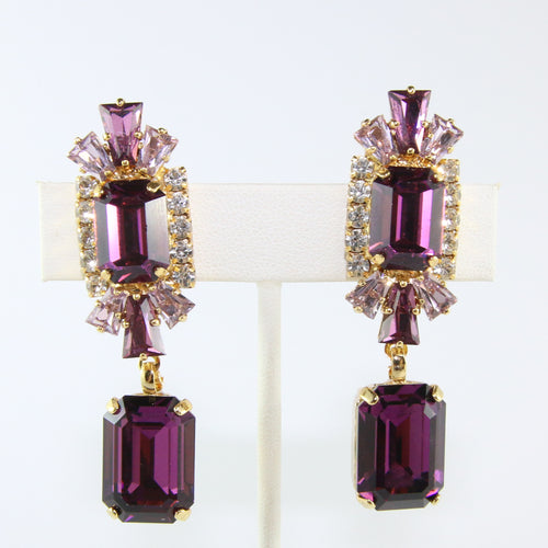 HQM Austrian Amethyst, Light Amethyst, Clear Double Rectangle Deco Earrings (Clip-On)