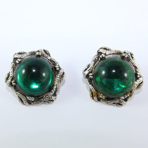 HQM Vintage Emerald Green & Silver Tone Signed 'Goldcrest' Earrings (Clip-On)