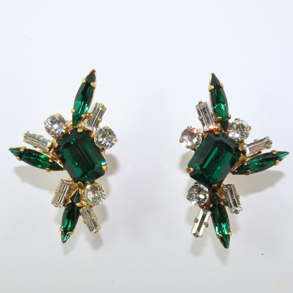 HQM Austrian Emerald & Clear Rectangle Spike Earrings (Pierced)