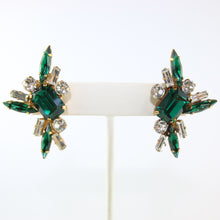 Load image into Gallery viewer, HQM Austrian Emerald &amp; Clear Rectangle Spike Earrings (Pierced)