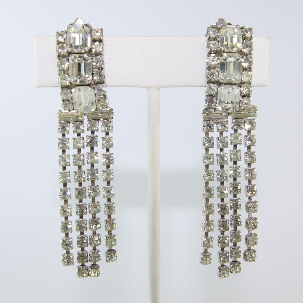 HQM Austrian Vintage Clear Crystal Three Stone Drop Multi Tassel Earring (Clip-On)
