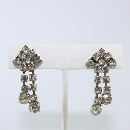 HQM Austrian Vintage Double Drop Tassel Clear Crystal Earrings (Clip-On)