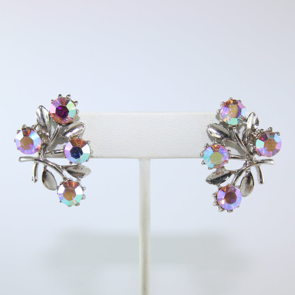 HQM Austrian Vintage Floral Leaf Aurore Boreale Crystal Earrings (Pierced)