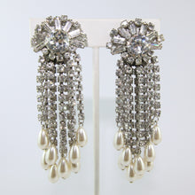 Load image into Gallery viewer, HQM Austrian Vintage Large Multi Tassel Clear Crystal &amp; Faux Pearl Earrings (Clip-On)