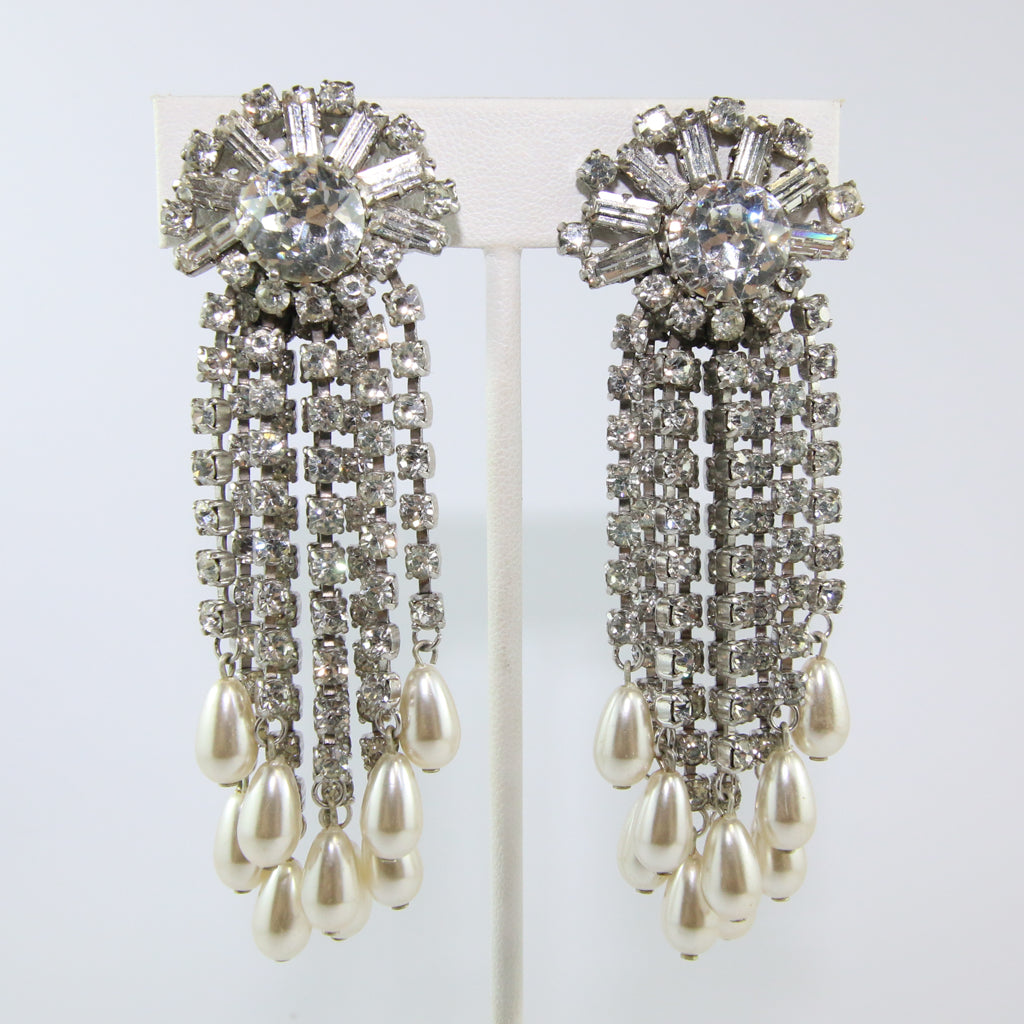 HQM Austrian Vintage Large Multi Tassel Clear Crystal & Faux Pearl Earrings (Clip-On)
