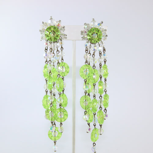 HQM Austrian Vintage Signed 'Paris House' Lime Green Multi Tassel Large Drop Earrings (Clip-On)
