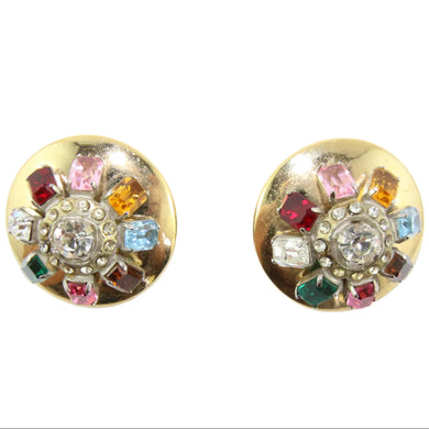 HQM Austrian Vintage Unsigned Large Round Multi Coloured Earrings (Clip-On)