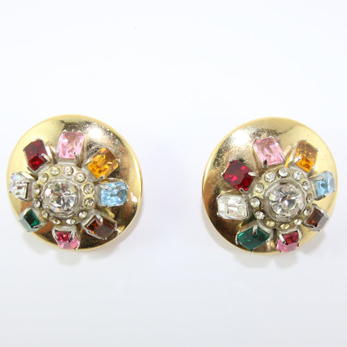 HQM Austrian Vintage Unsigned Large Round Multi Coloured Earrings (Clip-On)