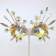 Load image into Gallery viewer, HQM Austrian Vintage Unsigned Aurore Boreale Large Spark &amp; Golden Leaf Earrings (Clip-On)