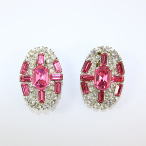 HQM Vintage Unsigned Large Oval Clear & Rose Crystal Earrings (Clip-On)