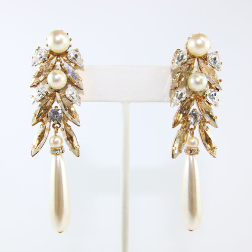 HQM Austrian Golden Shadow,Clear Crystal & Faux Pearl Drop Earrings (Pierced)