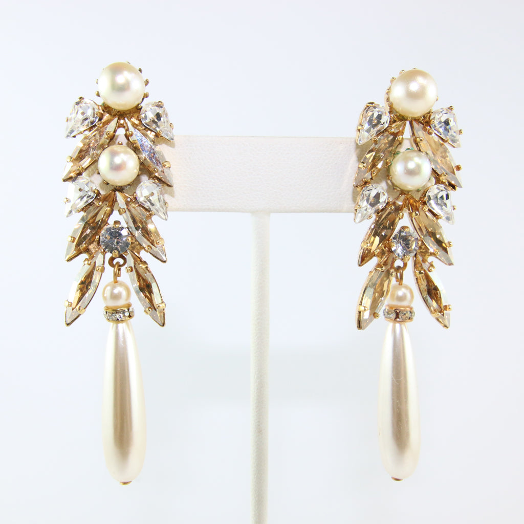HQM Austrian Golden Shadow,Clear Crystal & Faux Pearl Drop Earrings (Pierced)