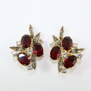HQM Austrian Ruby, Clear & Black Diamond Crystal Cluster Earrings (Clip-On)
