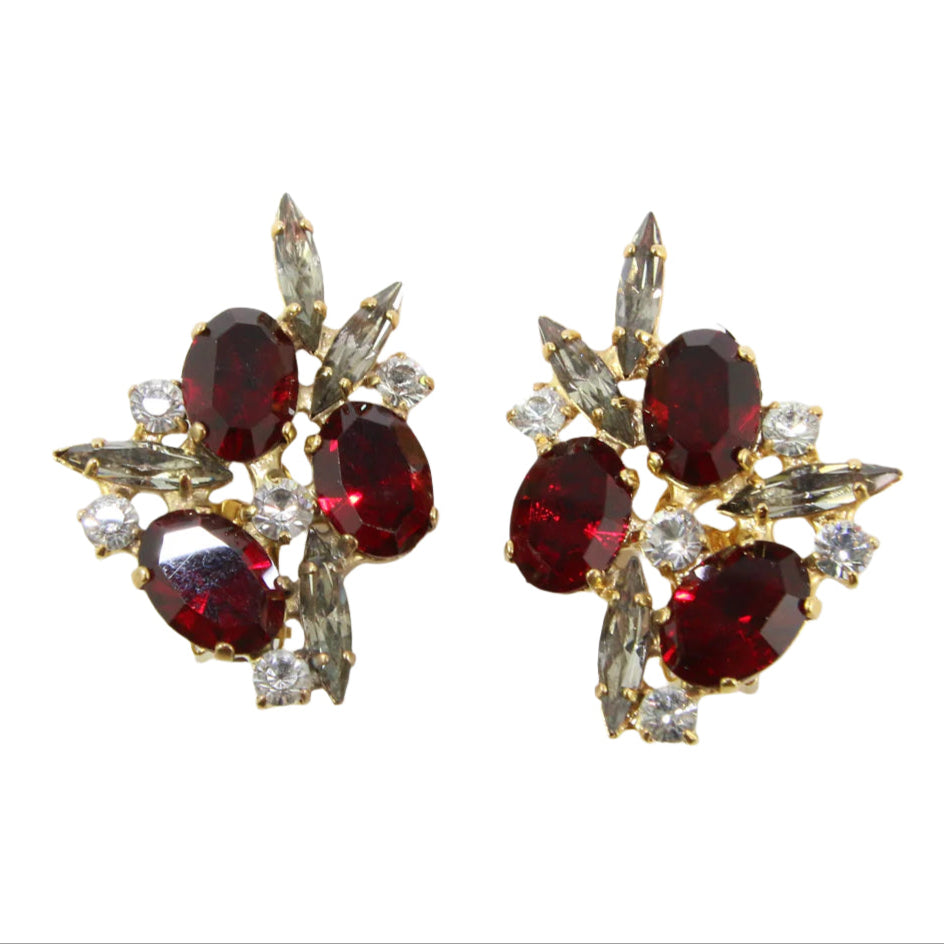 HQM Austrian Ruby, Clear & Black Diamond Crystal Cluster Earrings (Clip-On)