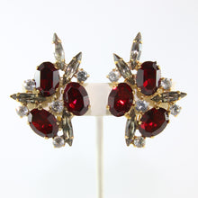 Load image into Gallery viewer, HQM Austrian Ruby, Clear &amp; Black Diamond Crystal Cluster Earrings (Clip-On)