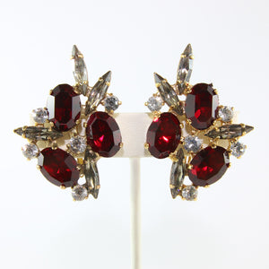 HQM Austrian Ruby, Clear & Black Diamond Crystal Cluster Earrings (Clip-On)