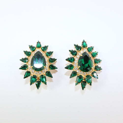 HQM Austrian Large Oval Spikes Emerald & Clear Crystal Earrings (Clip-On)