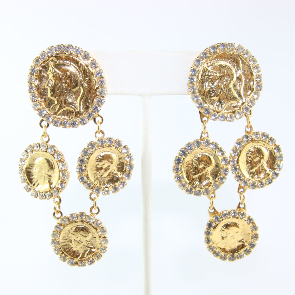 HQM Austrian Multi Gold Tone Coins & Clear Crystal Earrings (Pierced)