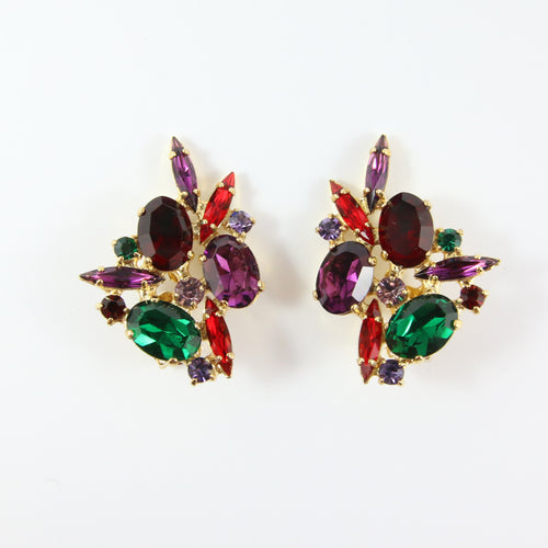HQM Austrian Ruby, Siam, Amethyst, Light Amethyst & Emerald Crystal Multi Large Earrings (Clip-On)
