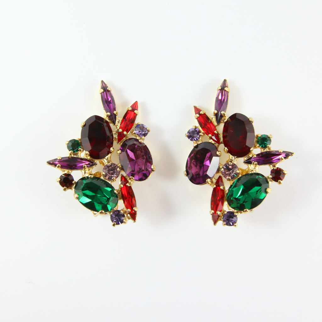 HQM Austrian Ruby, Siam, Amethyst, Light Amethyst & Emerald Crystal Multi Large Earrings (Clip-On)