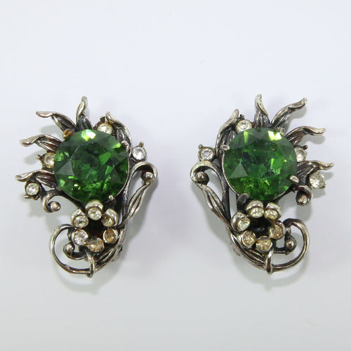 HQM Austrian Vintage Green & Clear Crystal Claw Earrings (Clip-On)