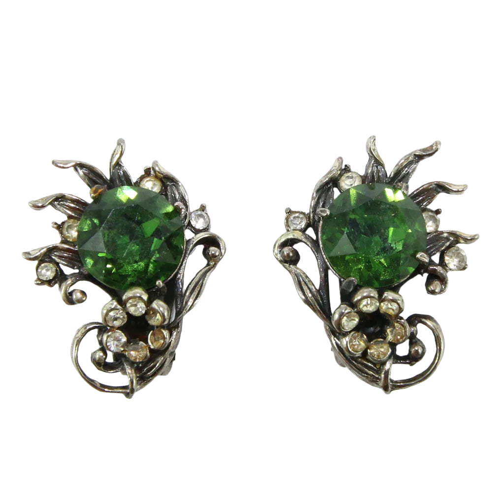 HQM Austrian Vintage Green & Clear Crystal Claw Earrings (Clip-On)