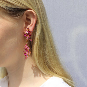 HQM Austrian Crystal Leaf Design Drop Earrings - Fuchsia Rose Pink (Clip-on)