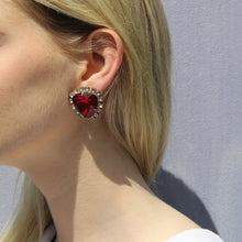 Load image into Gallery viewer, Harlequin Market Austrian Crystal Ruby Red-Clear-Gold Earrings- (Clip-On)