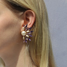 Load image into Gallery viewer, HQM Dramatic Faux Pearl, Light Amethyst &amp; Amethyst Spike Cuff Earrings (Clip-On)
