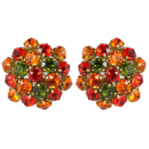 Harlequin Market Austrian Crystal Cluster Earrings - Orange - Red - Green - Gold (Clip-on)