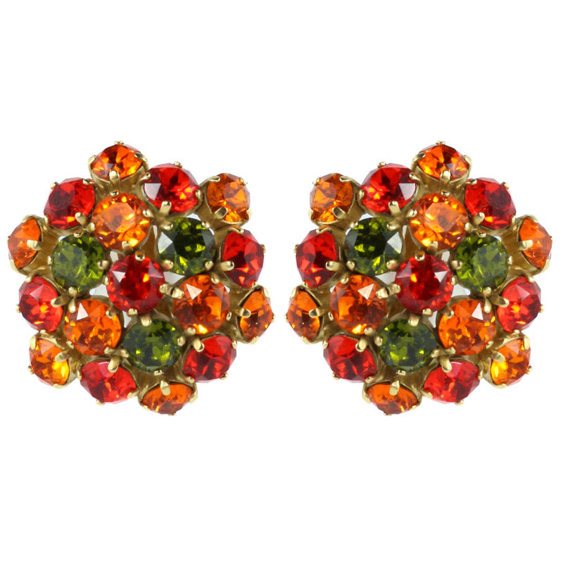 Harlequin Market Austrian Crystal Cluster Earrings - Orange - Red - Green - Gold (Clip-on)